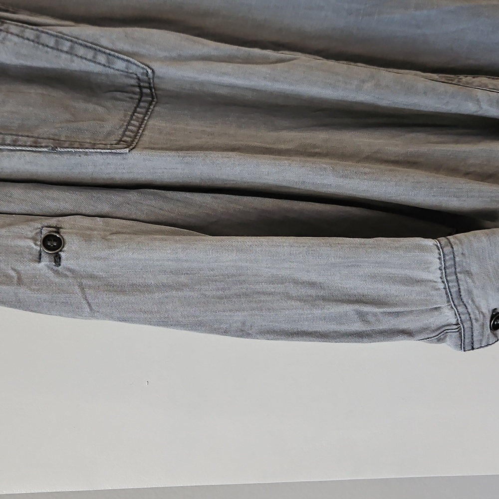 Gray Button-Up Shirt with Fringe Hem - Picture 4 of 5